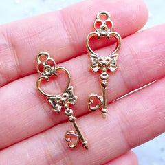 Mini Heart Key Open Bezel | Tiny Magical Wand Charm | Mahou Kei Jewelry Making | Kawaii Craft Supplies (2pcs / Gold / 10mm x 28mm)