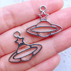 Kawaii Saturn Planet Open Bezel | Hollow Saturn Charm | Solar System Pendant | Galaxy Jewellery Making (2pcs / Silver / 25mm x 22mm)