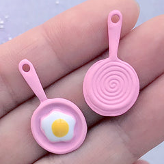 Kawaii Dollhouse Frying Pan Charms with Sun Side Egg | Miniature Kitchen Cooking Utensil | Mini Food Jewelry (2 pcs / Pink / 14mm x 27mm)