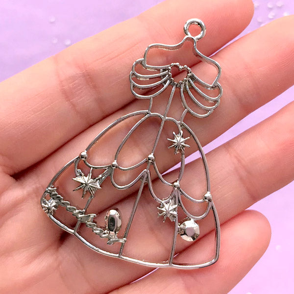 CLEARANCE Beauty Princess Dress Open Back Bezel | Fairytale Princess Deco Frame for UV Resin Filling | Kawaii Jewelry Making (1 piece / Silver / 37mm x 52mm)
