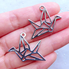 Origami Crane Open Bezel Charm | Bird Pendant | Animal Charm | Cute Deco Frame for UV Resin Art (2pcs / Silver / 29mm x 23mm)