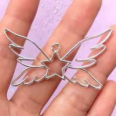 Kawaii Star with Angel Wing Open Bezel Charm | Winged Star Deco Frame for UV Resin Filling | Mahou Kei Jewellery Supplies (1 piece / Silver / 54mm x 30mm)