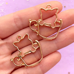 Kitty in a Coffee Cup Open Back Bezel Charm | Kitten Pendant | Cat Deco Frame for UV Resin Filling | Kawaii Craft Supplies (2pcs / Gold / 29mm x 30mm)