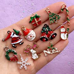 Assorted Christmas Enamel Charms | Santa Claus Jingle Bells Christmas Tree Candy Cane Noel Wreath Snowflake Snowman Reindeer Gift Box (11pcs)