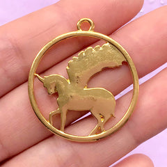 CLEARANCE Pegasus Circle Open Bezel for UV Resin | Winged Unicorn Charm | Unicorn with Wings Pendant (1 piece / Gold / 30mm x 33mm / 2 Sided)