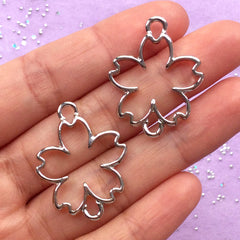 Sakura Open Bezel | Floral Link Connector | Cherry Blossom Outlined Charm | Flower Deco Frame for UV Resin Filling (2 pcs / Silver / 23mm x 30mm / 2 Sided)
