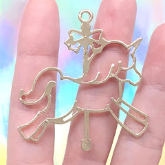 Kawaii Carousel Unicorn Open Bezel | Fairy Kei Jewelry Supplies | Merry Go Round Charm | Cute Deco Frame for UV Resin Filling (1 piece / Gold / 49mm x 52mm)