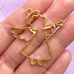 Angel with Trumpet Open Backed Bezel | Kawaii Christmas Jewellery Supplies | Deco Frame Charm for UV Resin Filling (1 piece / Gold / 38mm x 40mm)