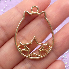 CLEARANCE Fat Cat with Star Open Bezel Pendant | Magical Kitty Charm | Deco Frame for UV Resin Filling | Kawaii Jewellery Supplies (1 piece / Gold / 25mm x 34mm / 2 Sided)