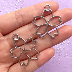 Cherry Blossom Open Backed Bezel | Sakura Deco Frame for UV Resin Filling | Outlined Floral Charm (2 pcs / Silver / 29mm x 33mm)