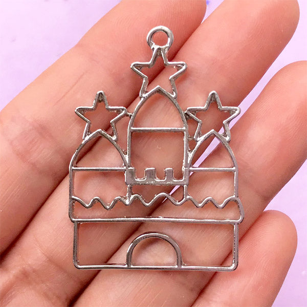 Starry Castle Open Back Bezel Pendant | Fairy Tale Deco Frame for UV Resin Craft | Fairy Kei Jewellery Supplies (1 piece / Silver / 30mm x 42mm)