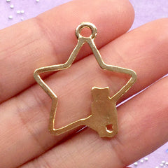 Magical Star and Kitty Open Bezel | Cat and Star Charm | Mahou Kei Deco Frame for UV Resin | Kawaii Jewelry Supplies (1 piece / Gold / 24mm x 27mm)