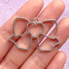 Ribbon with Heart Open Bezel Pendant | Kawaii Jewelry DIY | UV Resin Craft Supplies (1 piece / Silver / 42mm x 26mm)