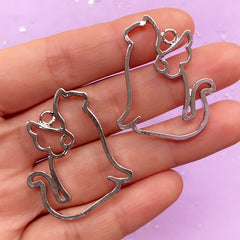 Cat with Angel Wing Open Back Bezel | Magical Girl Charm | Kawaii Kitty Deco Frame for UV Resin Jewelry Making (2 pcs / Silver / 27mm x 34mm)