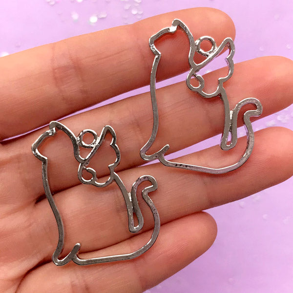 Cat with Angel Wing Open Back Bezel | Magical Girl Charm | Kawaii Kitty Deco Frame for UV Resin Jewelry Making (2 pcs / Silver / 27mm x 34mm)