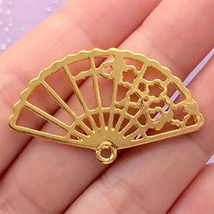 Sakura Hand Fan Open Bezel | Folding Fan Charm | Oriental Pendant | UV Resin Jewellery Supplies (1 piece / Gold / 40mm x 24mm)