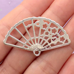 Cherry Blossom Folding Fan Open Bezel Charm for UV Resin | Hand Fan Pendant | Oriental Jewelry Supplies (1 piece / Silver / 40mm x 24mm)
