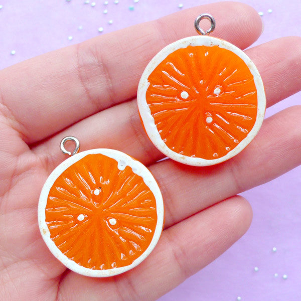 Orange Slice Charms | Faux Food Pendant | Resin Fruit Cabochon | Kawaii Chunky Jewellery Supplies (2pcs / 27mm x 32mm / Flat Back)