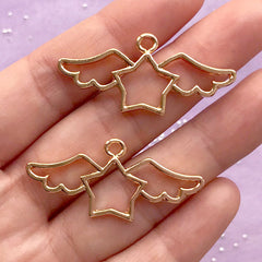 Star with Angel Wing Open Bezel Charm | Kawaii Magical Girl Craft Supplies | UV Resin Jewelry Making (2 pcs / Gold / 40mm x 18mm)