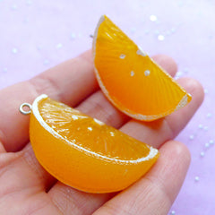 Orange Charms in 3D | Fake Orange Slice Cabochons | Fruit Charm | Kawaii Chunky Pendant | Decoden Supplies (2pcs / 21mm x 40mm / 3D)