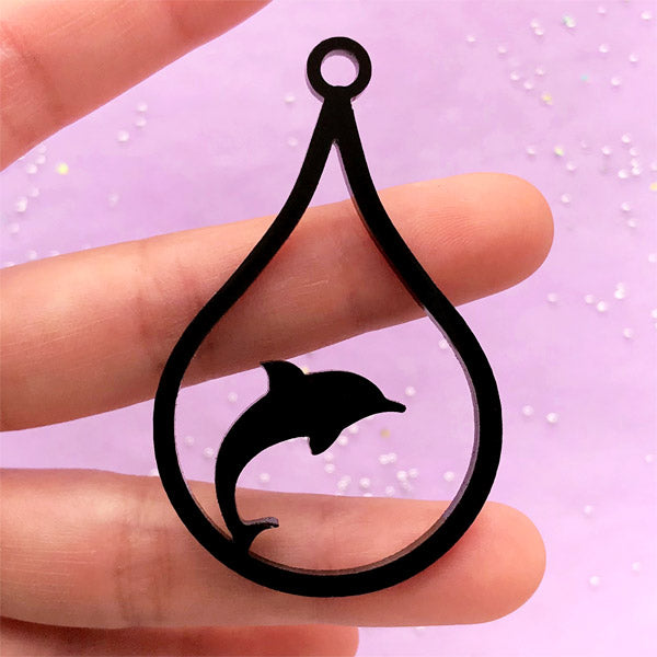 Acrylic Dolphin Open Back Bezel Charm | Teardrop Deco Frame for UV Resin Crafts | Kawaii Resin Jewellery DIY (1 piece / Black / 37mm x 59mm / 2 Sided)