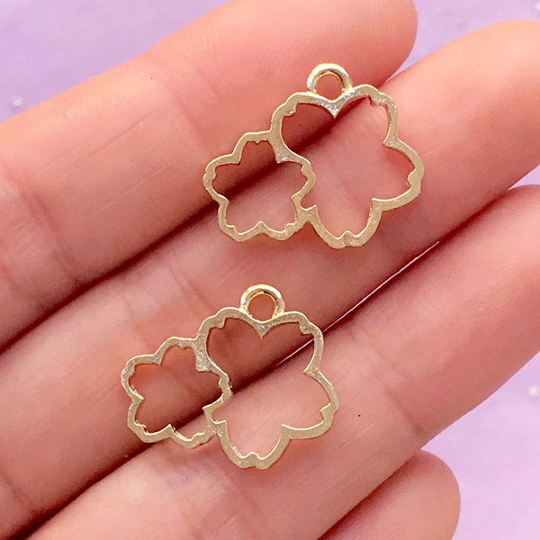 Double Sakura Open Bezel Charm | Cherry Blossom Pendant | Flower Deco Frame for UV Resin Filling (2 pcs / Gold / 19mm x 16mm)