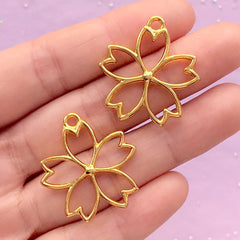 Cherry Blossom Open Bezel Charm | Sakura Deco Frame for UV Resin Filling | Flower Pendant (2 pcs / Gold / 26mm x 28mm / 2 Sided)