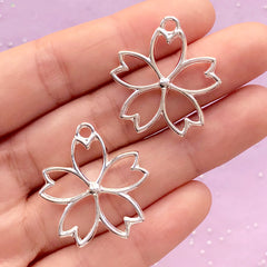 Cherry Blossom Open Back Bezel Pendant | Sakura Charm | Floral Deco Frame for UV Resin Filling (2 pcs / Silver / 26mm x 28mm / 2 Sided)