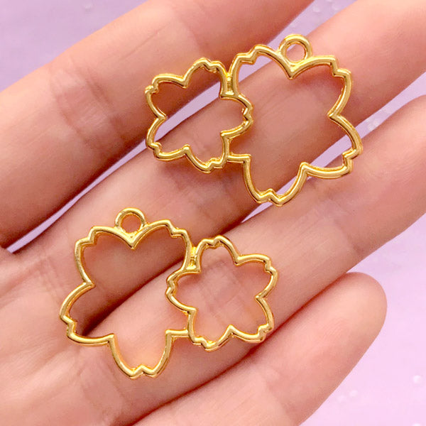 CLEARANCE Double Cherry Blossom Open Bezel Charm | Sakura Pendant | Kawaii UV Resin Craft Supplies (2 pcs / Gold / 31mm x 23mm / 2 Sided)