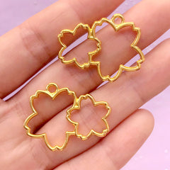 CLEARANCE Double Cherry Blossom Open Bezel Charm | Sakura Pendant | Kawaii UV Resin Craft Supplies (2 pcs / Gold / 31mm x 23mm / 2 Sided)