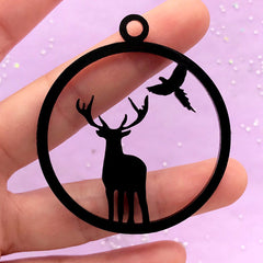 Acrylic Open Bezel for UV Resin Jewelry Making | Reindeer and Bird Charm | Deer Pendant | Round Deco Frame (1 piece / Black / 48mm x 54mm / 2 Sided)