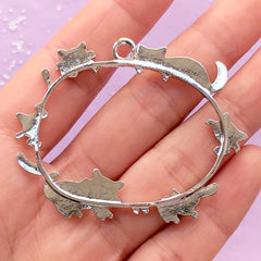 Cat Border Frame Open Back Bezel Charm | Kitty Deco Frame for UV Resin Craft | Kawaii Jewelry Supplies (1 piece / Silver / 54mm x 43mm)