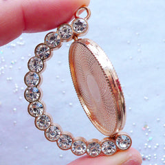 Rotating Pendant | Round Bezel Tray with Rhinestones | Movable Bezel Setting Charm | Blank Bezel Cup | UV Resin Jewellery Making (1 piece / Gold / 38mm x 48mm)
