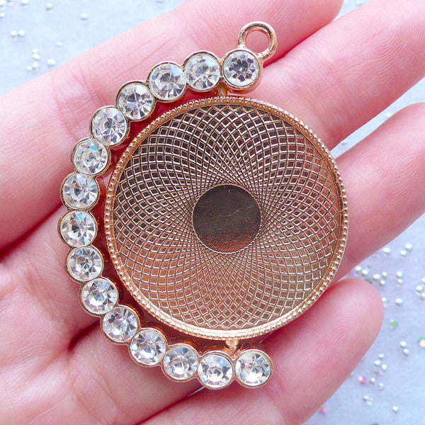 Rotating Pendant Round Bezel Tray with Rhinestones Movable