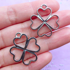 4 Leaf Clover Open Back Bezel Charm | Four Leaf Clover Deco Frame for UV Resin Filling | Outlined Floral Pendant | Kawaii Resin Jewelry Supplies (2pcs / Silver / 23mm x 26mm)