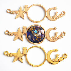 Magical Kitty with Moon and Star Open Bezel Connector Charm | Round Deco Frame for UV Resin Filling (1 piece / Gold / 23mm x 70mm)