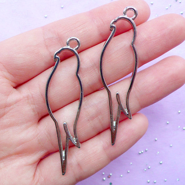 Bird Open Bezel Charm | UV Resin Jewelry Making | Animal Outline Pendant | Deco Frame | Kawaii Craft Supplies (2pcs / Silver / 15mm x 53mm)