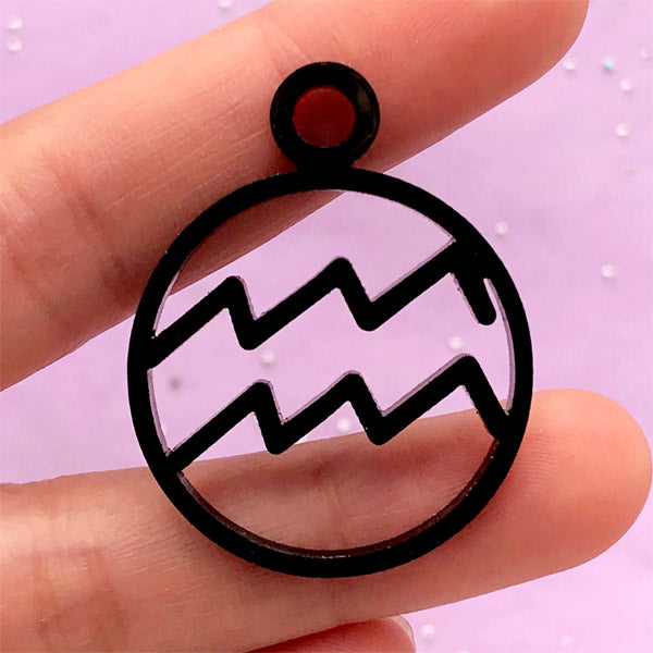 Aquarius Open Backed Bezel Acrylic Pendant | Astrological Sign Deco Frame for UV Resin Art | Zodiac Jewelry Making (1 piece / Black / 29mm x 37mm / 2 Sided)