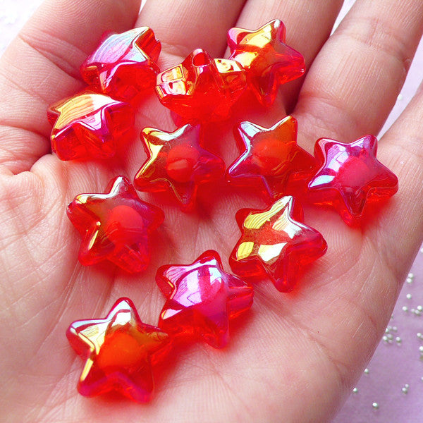 Cute Star Beads, Aurora Borealis Acrylic Beads (AB Red / 10 pcs / 16m, MiniatureSweet, Kawaii Resin Crafts, Decoden Cabochons Supplies