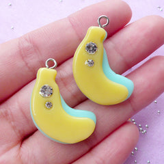 CLEARANCE Banana Acrylic Charm with Rhinestones | Kawaii Fruit Charm (Yellow & Light Teal / 2 pcs / 17mm x 28mm)