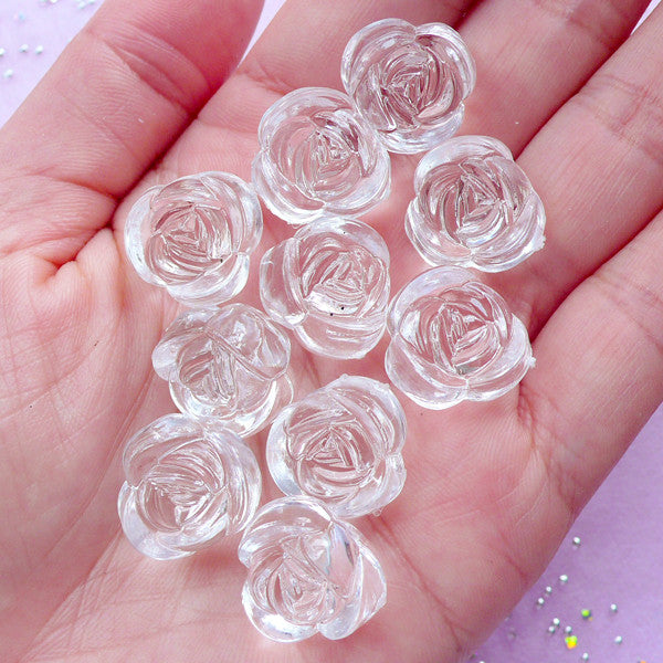 Acrylic Rose Beads | Clear Plastic Flower Bead | Chunky Jewelry Making (10 pcs / 14mm x 11mm)
