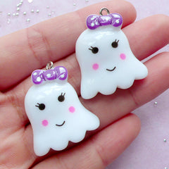 Kawaii Happy Ghost Charms | Halloween Jewelry & Accessory Making (White / 2 pcs / 25mm x 28mm)