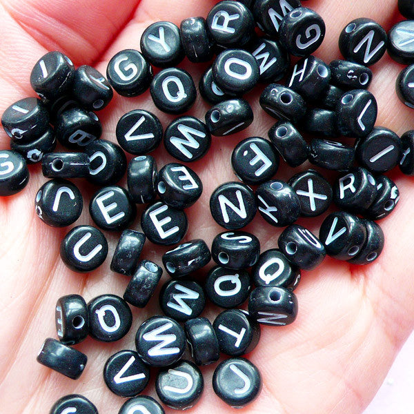 Acrylic Letter Beads, Silver and Black Alphabets, Double-Sided Flat Round,  4x7mm, about 500pcs per pack