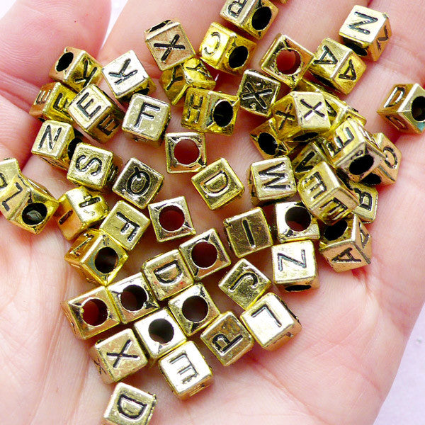 Gold Alphabet Beads, Plastic Letter Bead in Cube Shape, Name Jewelle, MiniatureSweet, Kawaii Resin Crafts, Decoden Cabochons Supplies