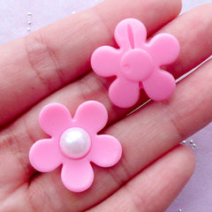 Acrylic Flower Beads with Pearl | Hair Bow Center | Fairy Kei Jewelry Making (Pastel Pink / 5 pcs / 23mm x 22mm)