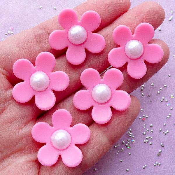 Acrylic Flower Beads with Pearl, Hair Bow Center, Fairy Kei Jewelry, MiniatureSweet, Kawaii Resin Crafts, Decoden Cabochons Supplies