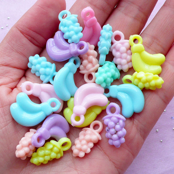 Kawaii Pastel Acrylic Charms | Fruit Banana Grape Plastic Pendant | Cute Chunky Jewellery Making (Colorful Mix / 20 Pcs)