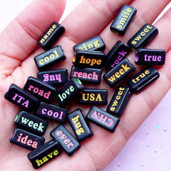 Acrylic Word Beads | Text Bead Assortment | Kawaii Resin Craft (Assorted Black & Neon Color / 20 pcs / 15mm x 8mm / 2 Sided)