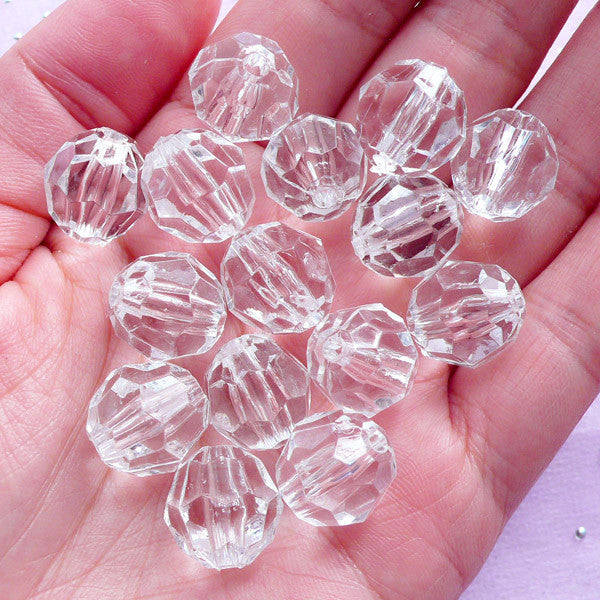 Clear Faceted Ball Beads in 13mm, Transparent Round Acrylic Bead, Ch, MiniatureSweet, Kawaii Resin Crafts, Decoden Cabochons Supplies