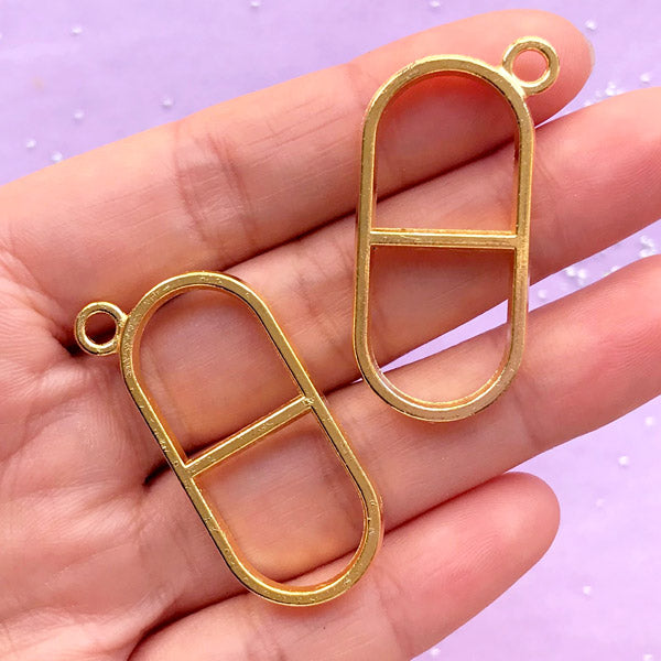 Pill Capsule Outline Pendant | Hollow Pill Charm | Resin Jewellery Craft Supplies (Gold / 2 pcs / 20mm x 40mm)